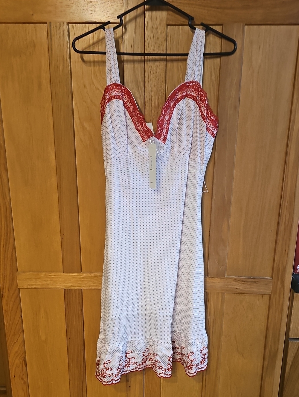 White Midi Slip Dress with Red Lace Trim - Women's Dress